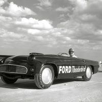 One of the many DePaolo-built ’56 T-Birds that ran at Daytona Beach Speed Weeks on the sand in 1956 and 1957. Note the Moon discs, streamlined headlight covers, and small Plexi screen replacing the full windshield. Ford Motor Company