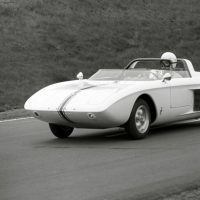 The radical Mustang I Experimental Sports Car, with body by Troutman & Barnes and a 109-horsepower German Ford V-4, was built in just a few months and shown to the public with Dan Gurney driving at the US Grand Prix, Watkins Glen. Ford Motor Company