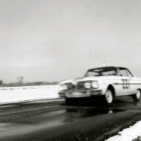 At speed on the road course at Ford Proving Ground. Even with patches of snow and ice, I found the Falcon handled more like a well-sorted-out competition sports car than a beefed-up sedan. Quick steering with 2.25 turns lock to lock was really appreciated. Ford Motor Company