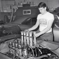 Joel Rosen in 1966 with the Hilborn fuel injection that was used on the Cobra’s Match race engine. Rosen ran stock and modified NHRA classes, and Hilborn injection was used on a 340-cubic-inch stroker motor used for match racing. The car was also fitted with Webers for NHRA-AHRA-NASCAR stock sports and modified classes. Photo by Martyn L. Schorr.