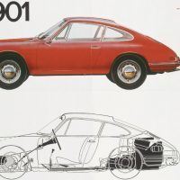 The 901 sales brochure was obsolete within days of the Paris Auto Salon because French carmaker Peugeot protested the designation. The color and black-and-white publication became a collector’s item when Porsche renamed the car the 911. Porsche Archiv