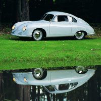 Erwin Komenda’s 1948 design for the 356-2 coupe body relied heavily on his prewar styling of the Type 64 60K10 Berlin-Rome streamliners. The aerodynamic profile of the car has evolved over the past fifty five years into the current Porsche coupe, a still familiar silhouette. Photo: Chuck Stoddard Collection.