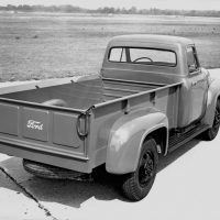 In 1953, the F-250 was 2 feet longer than the F-100 and utilized an 8-foot bed. Note the heavier-duty wheels that were attached to a 2,600-pound capacity front axle. The F-250 was built on a 118-inch wheelbase chassis and was available with the 239-cubic-inch flathead V-8. Note the driver’s side taillight. The passenger side taillight was an option.