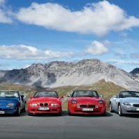 Helping celebrate seventy-five years of BMW roadsters in 2006, from left to right: Z1 (1988), Z3 (1995), Z8 (1999), and Z4 (2002).