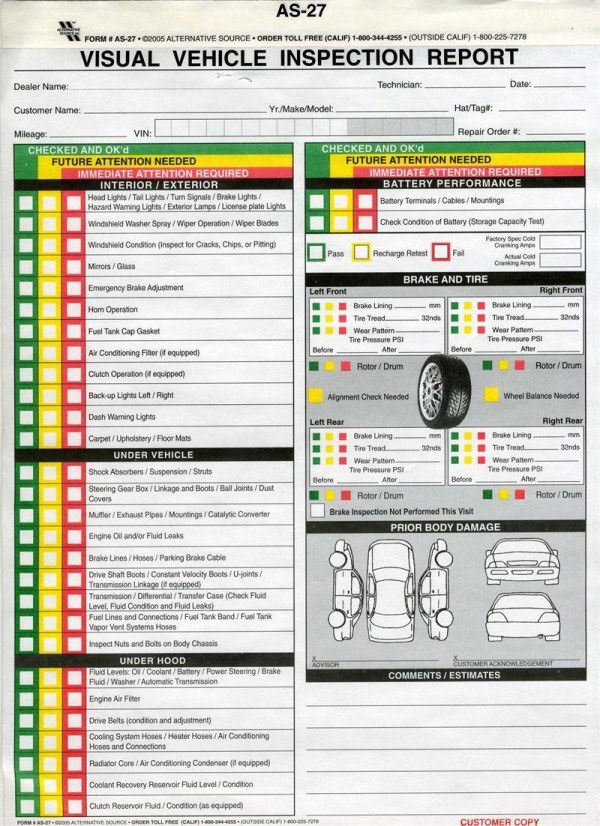 An inspection sheet, like this, is commonly used by reputable shops and dealerships.