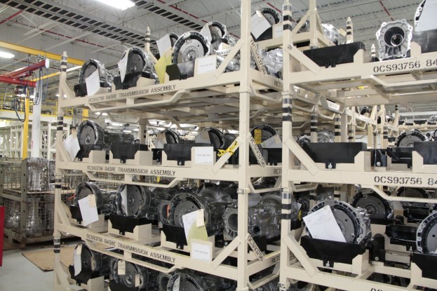 Once fully assembled, eight-speed transmissions await shipping to various Chrysler Group assembly plants from the Kokomo Transmission Plant.