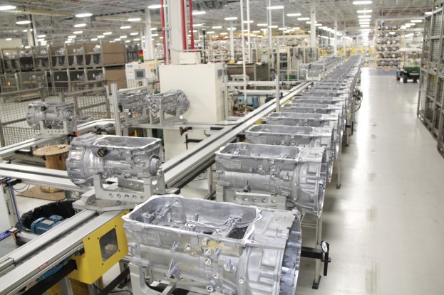 Eight-speed transmission housings prepare to move down the assembly line at Chrysler Group's Kokomo Transmission Plant.