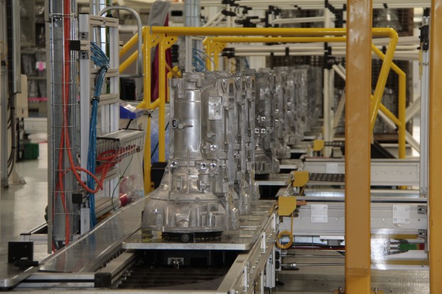 Transmission cases travel down the assembly line at Chrysler Group's Kokomo Transmission Plant.