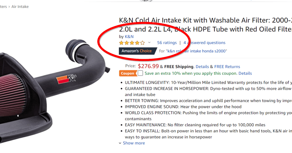 Customer reviews on Amazon - K&N Cold Air Intake.
