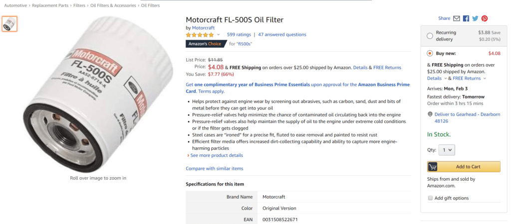 Motorcraft oil filter Amazon screenshot.