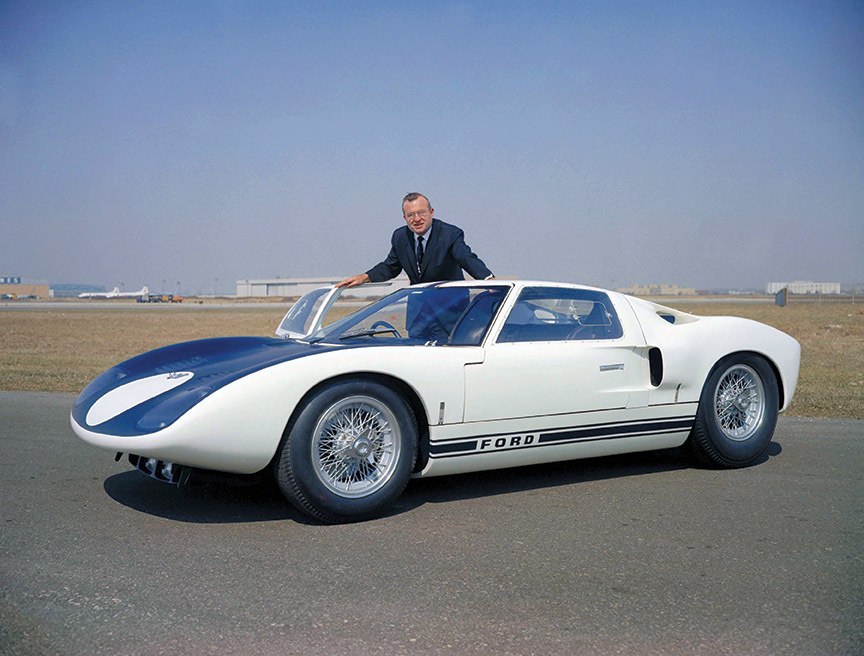 The first GT40 being shown to the press. From Ford Versus Ferrari by John Starkey, published by Veloce Publishing. Photo: Ford Motor Company, John S Allen collection.