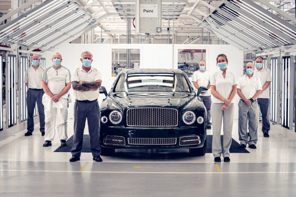 Employees in Crewe gather for a socially-distanced farewell for the Bentley Mulsanne.