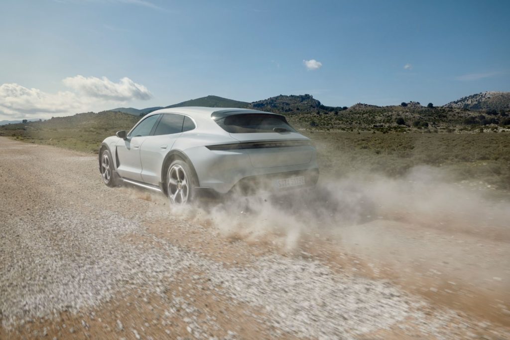 Gravel mode raises the Porsche Taycan Cross Turismo an extra 10 millimeters and adjusts the suspension and traction control systems to increase grip on non-paved surfaces.