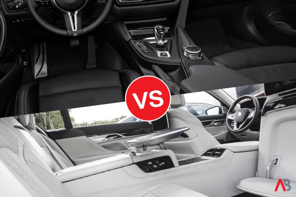 Photo of a darker-colored vehicle interior versus one of a lighter color.