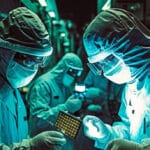 two workers in clean suits work on a silicone wafer as manufacturing plants look to address the chip shortage