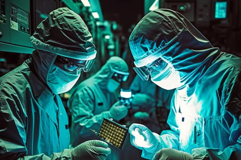 two workers in clean suits work on a silicone wafer as manufacturing plants look to address the chip shortage