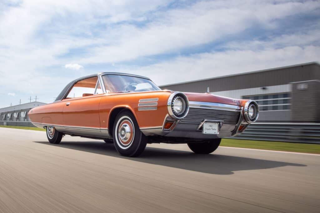 Chrysler Turbine Car on the track at the M1 Concourse in Pontiac, Michigan. The 87-acre property sits at the northwest corner of Woodward Avenue and South Boulevard adjacent to Bloomfield Hills and is bounded by Woodward Avenue on the east and Franklin Road on the west.