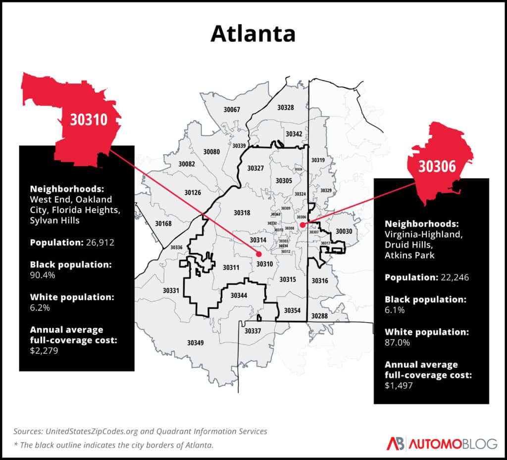 A map of Atlanta ZIP codes that highlights the population, racial makeup and average full-coverage car insurance rates for two of them