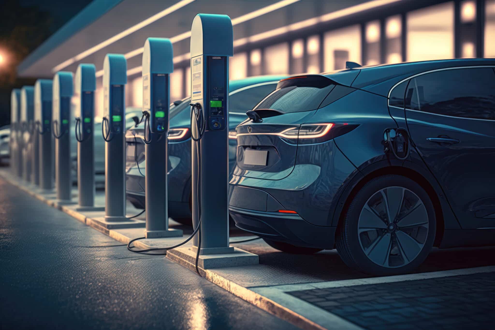 A row of electric vehicles at charging stations. Note: This image was created with AI.