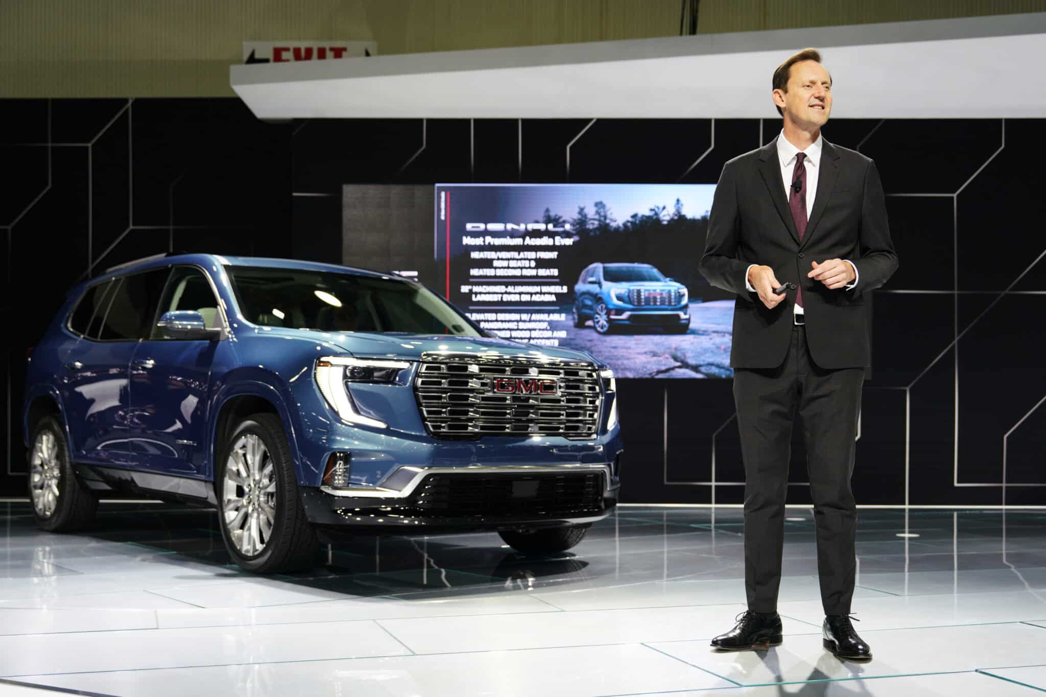 Duncan Aldred, Global Vice President of Buick-GMC, unveils the 2024 GMC Acadia Denali at the Detroit Auto Show in Detroit on Wednesday, September 13th, 2023. Photo: John F. Martin for GMC.