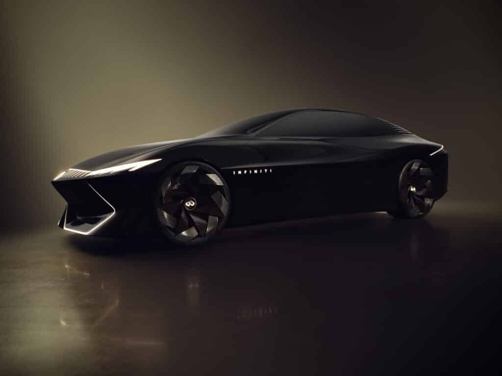 The Infiniti Vision Qe concept showcases the brand's evolved design form, "Artistry In Motion," in the all-electric era. As described by Infiniti, it blends artistic details with a single fluid design gesture that flows from front to rear.