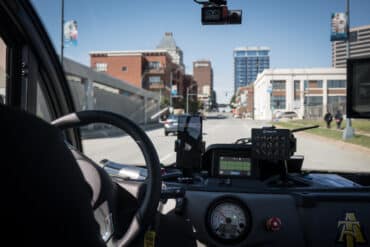 an autonomous aggie auto shuttle navigates the streets of greensboro, north carolina